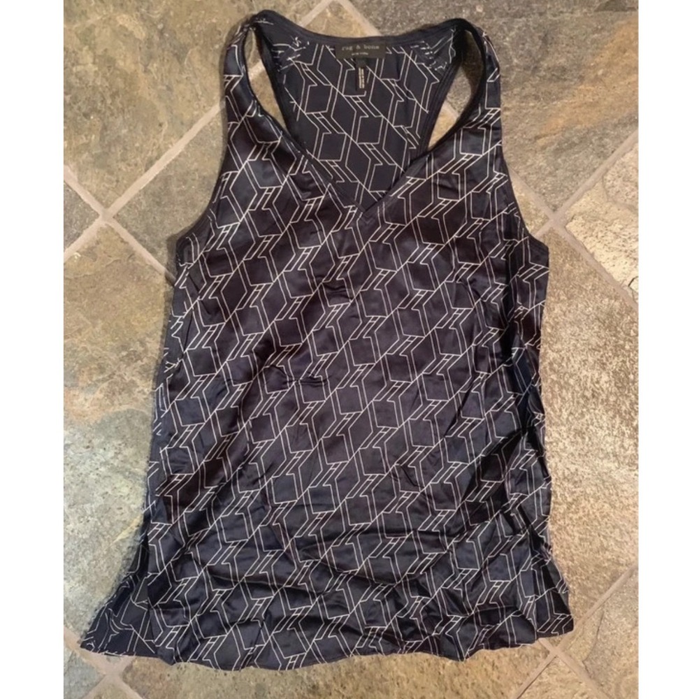 Rag & Bone Geometric Silk Charmeuse Tank Top XXS Optical Illusion Print Black